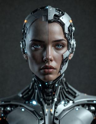 The primary subject of the image is a woman with a futuristic, cyberpunk appearance. She is wearing a silver and blue outfit, which includes a silver helmet and a blue face. The setting is a dark room, which adds to the overall mood of the image. The visual style is a combination of digital art and illustration, creating a unique and intriguing scene. The colors and mood of the image are predominantly silver and blue, with a hint of darkness, giving it a futur